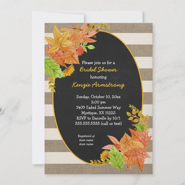 Fall Leaves and Burlap Chalkboard bridal shower Invitation (Front)