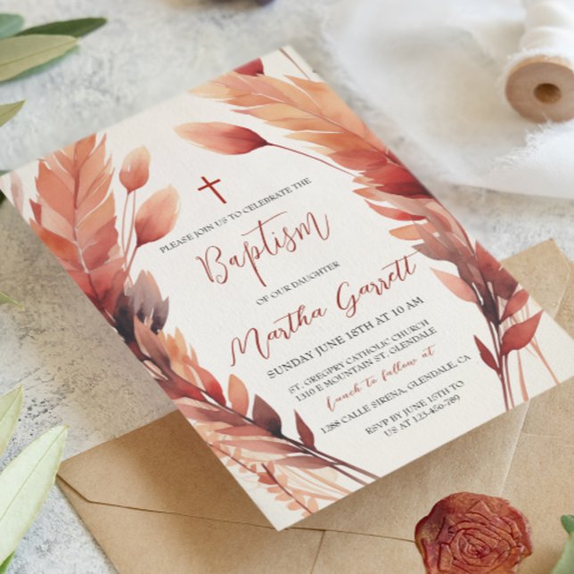Fall Leaves and Feathers Girl Baptism Invitation (Creator Uploaded)