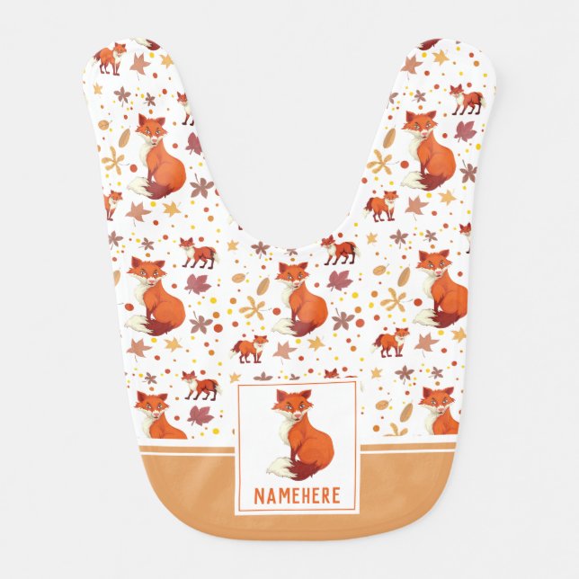 Fall Leaves and Fox Pattern Custom Name Baby Bib (Front)