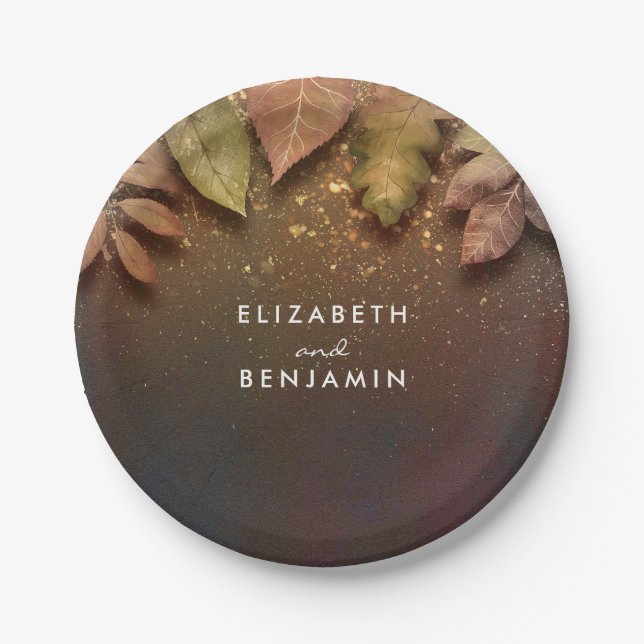 Fall Leaves and Gold Glitter Wedding Paper Plates (Front)