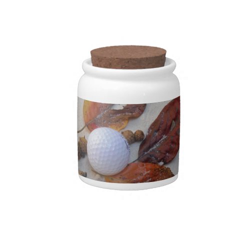 fall leaves and golf ball in sand trap candy jar