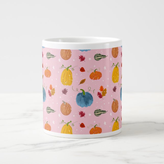  Fall Leaves and Gourds on Pink Background Giant Coffee Mug (Front)