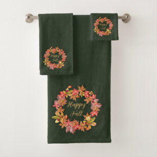 Embroidered Design Bath & Hand Towel Set (Green, Autumn Leaves)