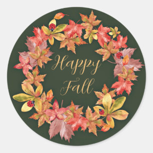Fall leaves and ladybugs with customizable text classic round sticker