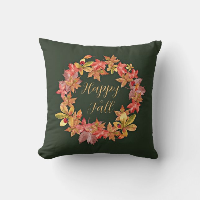 Fall leaves and ladybugs with customizable text throw pillow (Front)