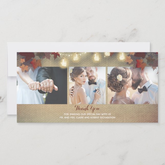 Fall Leaves and Mason Jars Photo Wedding Thank You (Front)