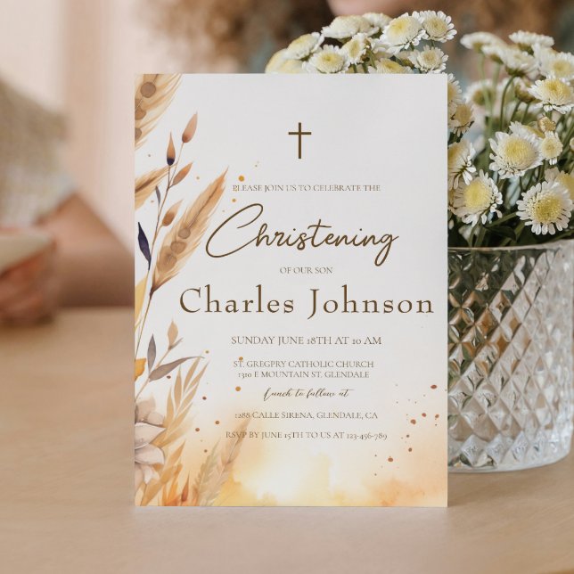 Fall Leaves and Pampas Boy Christening Invitation (Creator Uploaded)