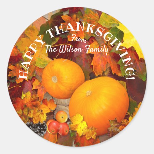 Fall leaves and  pumpkins Happy Thanksgiving Classic Round Sticker