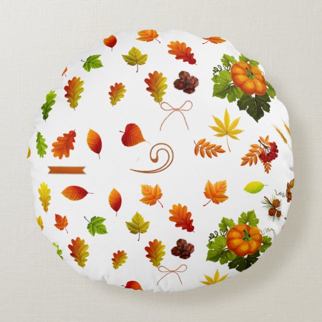 Fall Leaves and Pumpkins Round Pillow (Front)