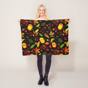 Fall Leaves and Pumpkins Vibrant Holiday Fleece Blanket