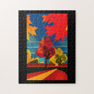 Fall leaves and trees retro postcard style art jigsaw puzzle