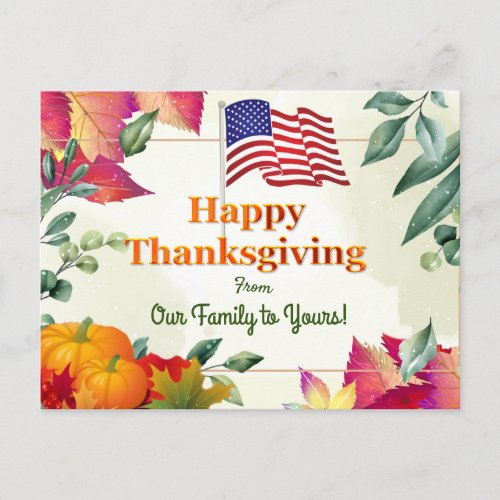 Fall Leaves and US Flag Family Thanksgiving Holiday Postcard