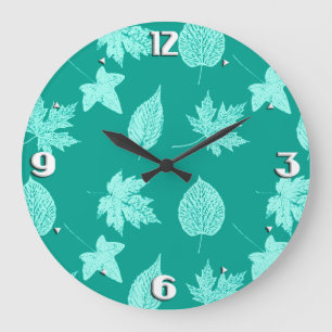 Fall leaves - aqua and turquoise large clock