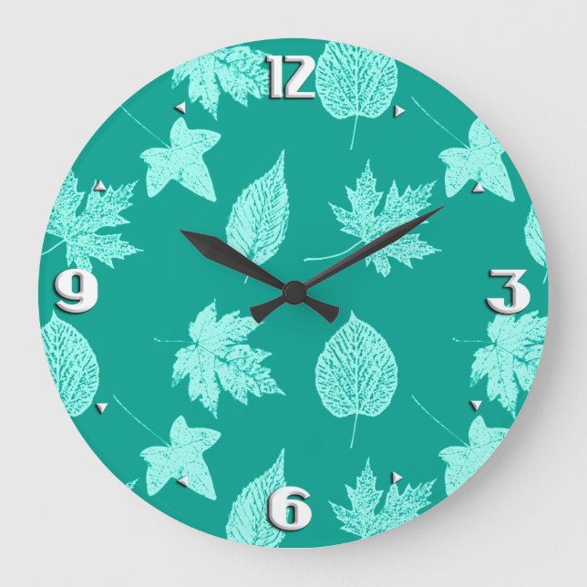 Fall leaves - aqua and turquoise large clock (Front)
