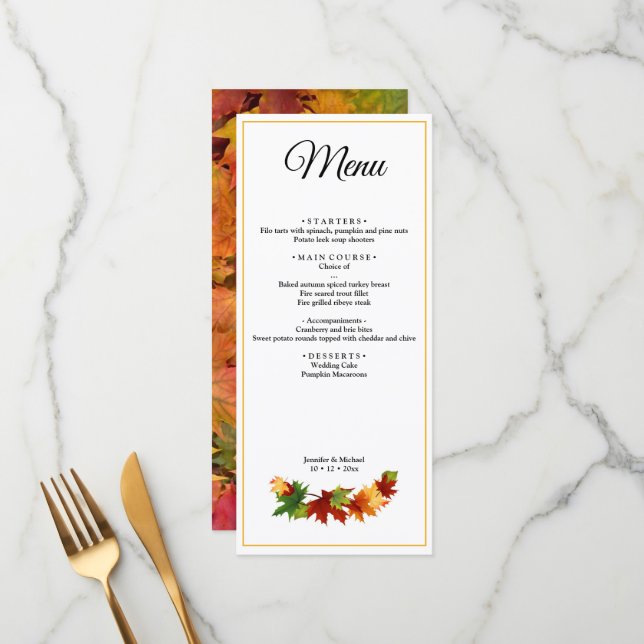 Fall Leaves Autumn Color Personalize Wedding Menu  (Front/Back In Situ)