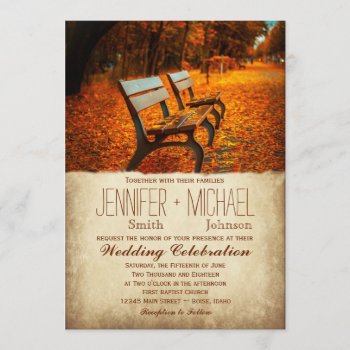 Fall Leaves Autumn Park Bench Wedding Invitations by CountryWeddings at Zazzle