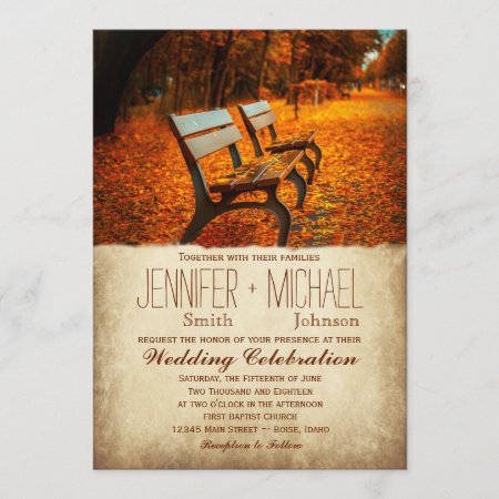 Fall Leaves Autumn Park Bench Wedding Invitations