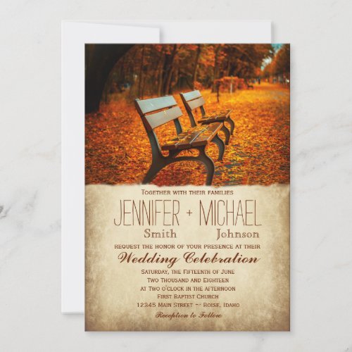 Fall Leaves Autumn Park Bench Wedding Invitations