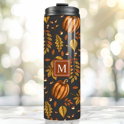 Fall Leaves Autumn Pumpkin Pattern Monogrammed Thermal Tumbler