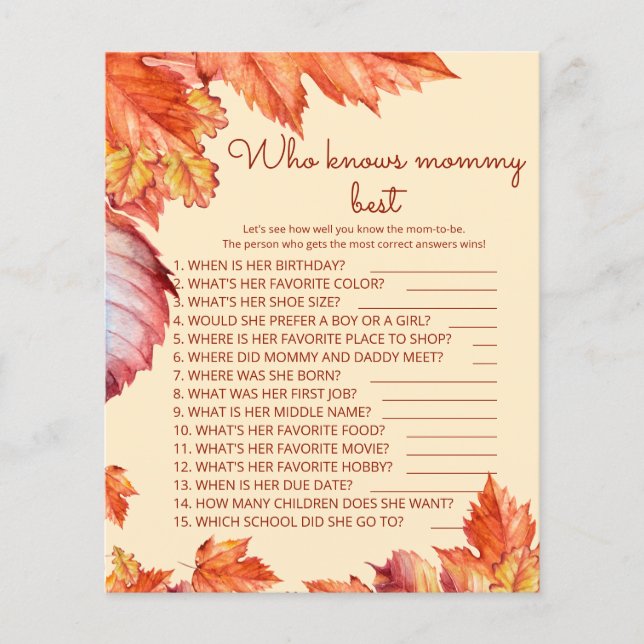 Fall leaves baby shower Who knows mommy best game (Front)