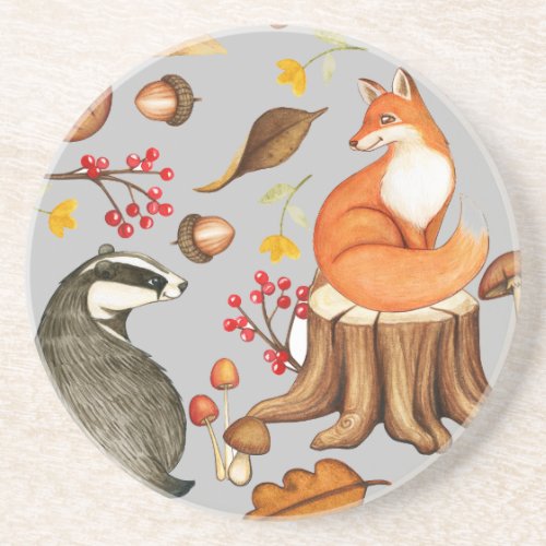 Fall Leaves Badger  Fox   Coaster