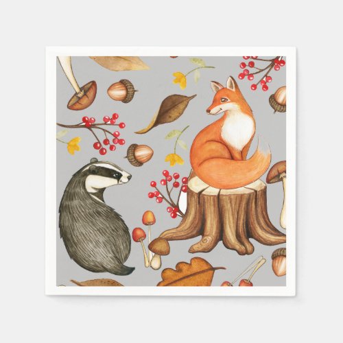 Fall Leaves Badger  Fox Paper Party Napkins
