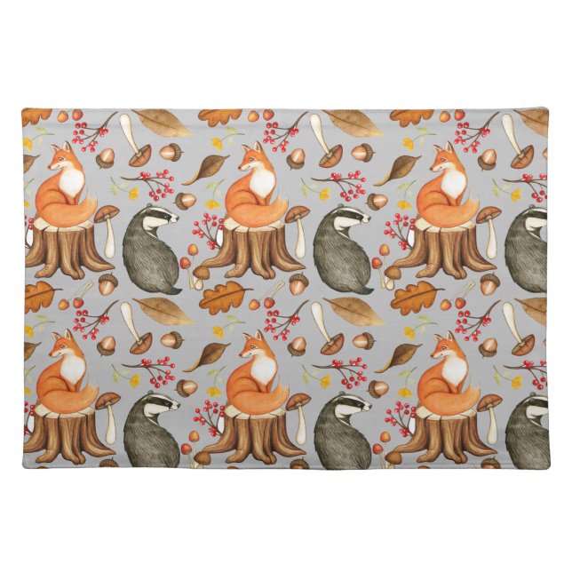 Fall Leaves Badger & Fox Pattern  Cloth Placemat (Front)