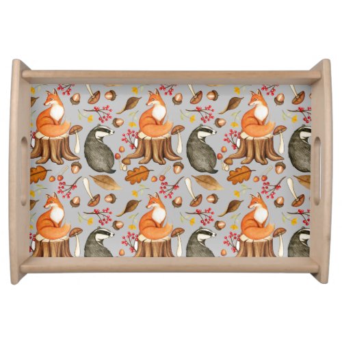 Fall Leaves Badger  Fox Pattern  Serving Tray