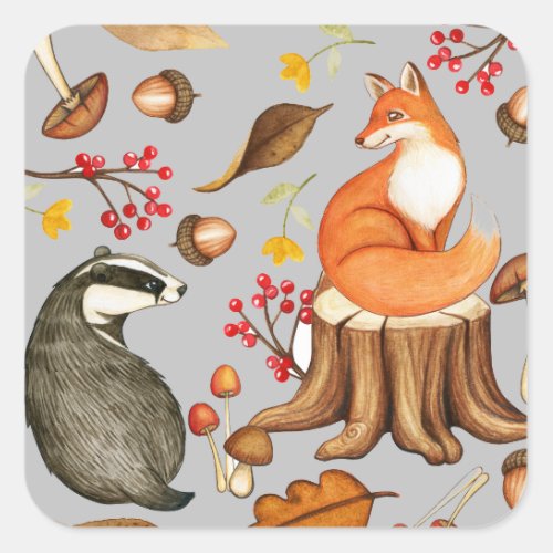 Fall Leaves Badger  Fox  Square Sticker