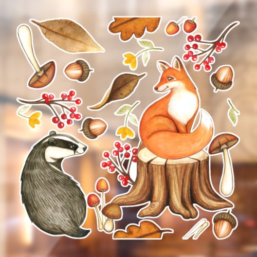 Fall Leaves Badger  Fox  Window Cling