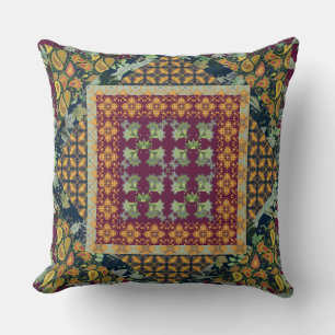 Fall Leaves, Berries Paisley Faux Quilt Squares Throw Pillow