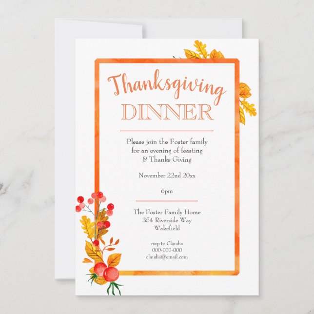 Fall Leaves & Berries Thanksgiving Dinner Invitation (Front)