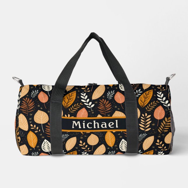 Fall Leaves Black Pattern Duffel Bag (Front)