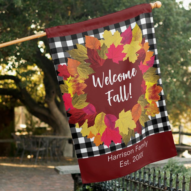 Fall leaves buffalo plaid custom family name house flag (Creator Uploaded)
