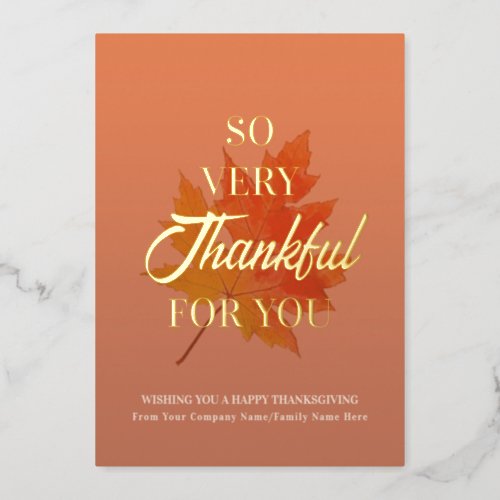 Fall Leaves Burnt Orange Thankful Thanksgiving Foil Holiday Card