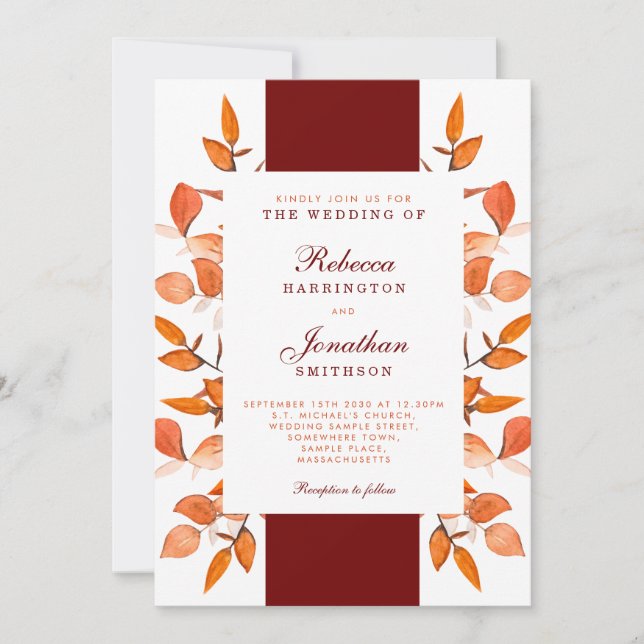 Fall Leaves Burnt Orange Wedding Invitation (Front)