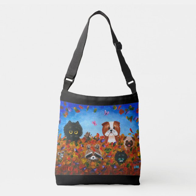 Fall Leaves Cats Dog Raccoon Art Crossbody Bag (Front)