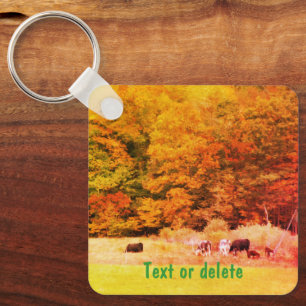 Fall Leaves Cows Field Nature Personalized Keychain