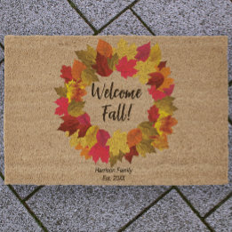 Fall leaves custom family name welcome fiber doormat