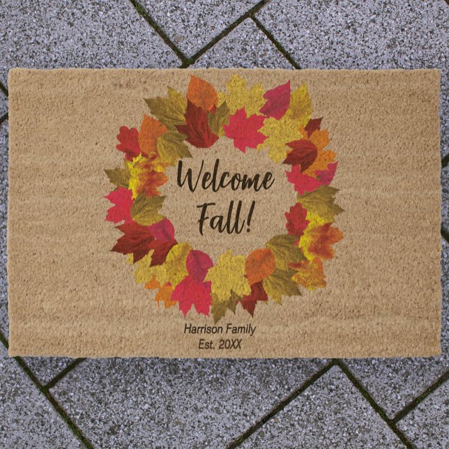 Fall leaves custom family name welcome fiber doormat (Creator Uploaded)