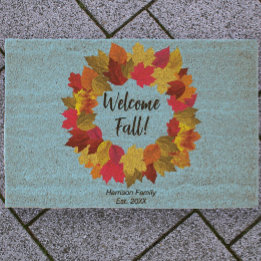 Fall leaves custom family name welcome fiber doormat