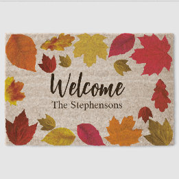 Fall leaves custom family name welcome fiber doormat