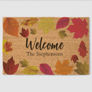 Fall leaves custom family name welcome fiber doormat