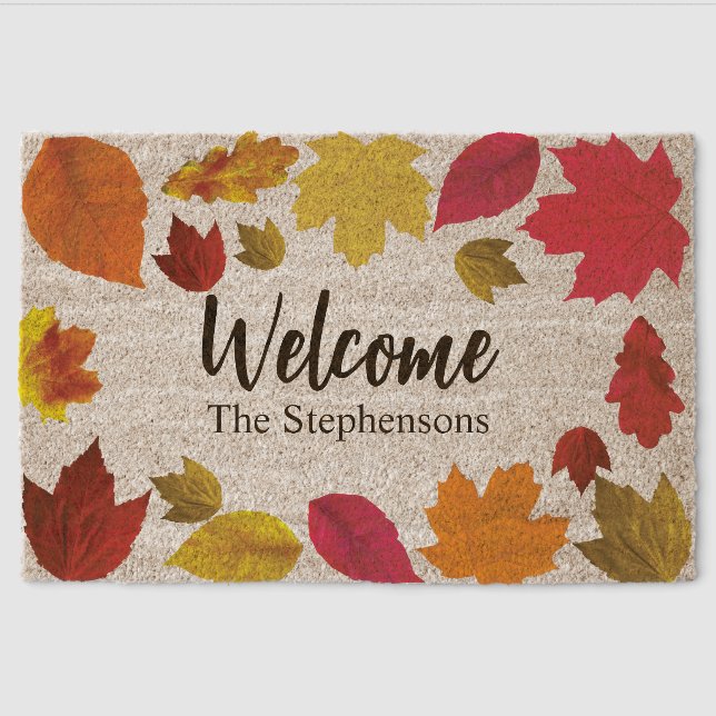 Fall leaves custom family name welcome fiber doormat (Front)