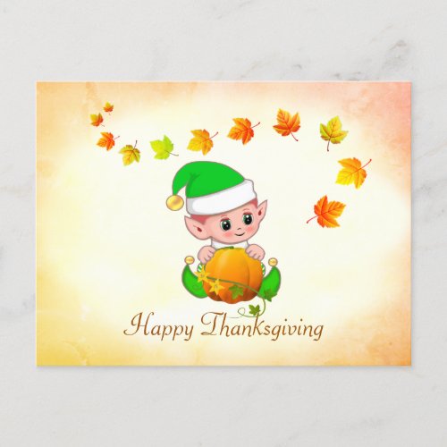 Fall Leaves  Cute Elf Thanksgiving Postcard