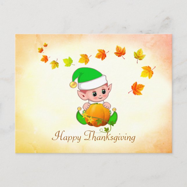 Fall Leaves & Cute Elf Thanksgiving Postcard (Front)