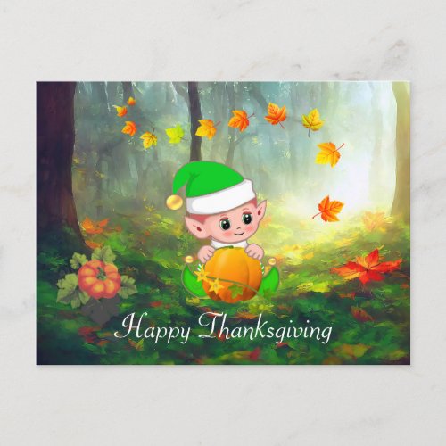 Fall Leaves  Cute Elf Thanksgiving Postcard
