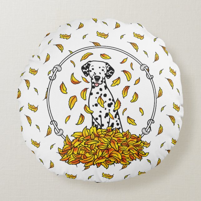 Fall Leaves Dalmatian (black 1) Dog Playing Cute Round Pillow (Front)