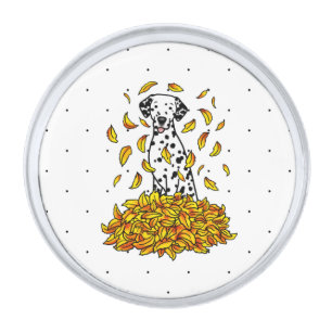 Fall Leaves Dalmatian (black 1) Dog Playing Cute Silver Finish Lapel Pin