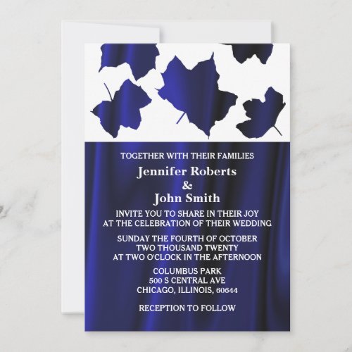 Fall Leaves Deep Blue Satin White Unique Wedding Invitation